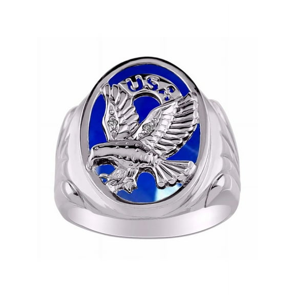 RYLOS Men's Rings Sterling Silver Ring Designer Patriotic Eagle USA Ring With Diamonds and Blue Quartz Rings For Men Size 8