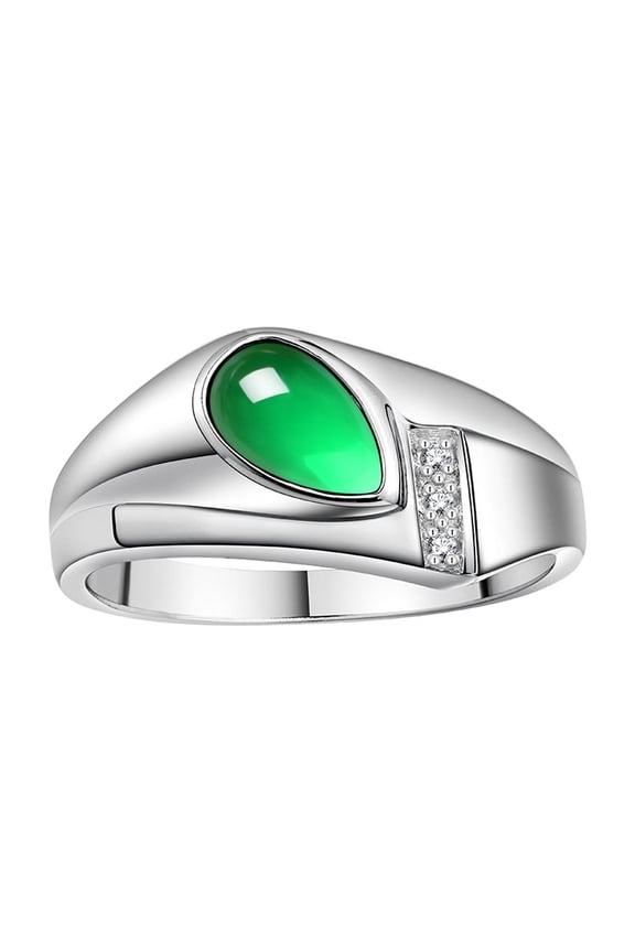 Men's Rings Sterling Silver Ring - Timeless Pear Shape Cabochone Gemstone & Diamonds - Tear Drop Cabochon EMERALD Rings For Men  Size 13