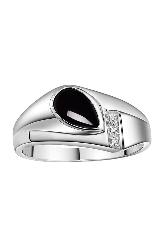 Men's Rings Sterling Silver Ring - Timeless Pear Shape Cabochone Gemstone & Diamonds - Tear Drop Cabochon ONYX 2 Rings For Men  Size 8