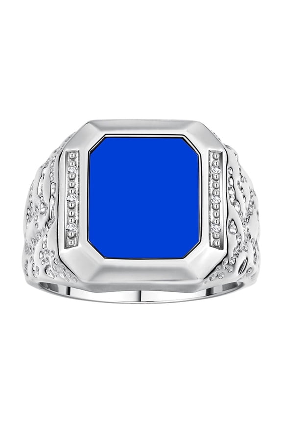 Men's Rings Sterling Silver Ring With Diamonds and Blue Quartz Set in Designer Nugget Style Rings For Men Size 8