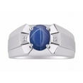 thumbnail image 1 of RYLOS Men's Rings Sterling Silver Rings Classic Designer  9X7MM Gemstone & Diamond Ring Blue Star Sapphire September Birthstone Ring Size 8, 1 of 7
