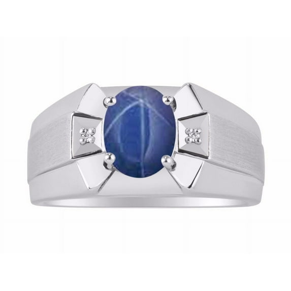 RYLOS Men's Rings Sterling Silver Rings Classic Designer 9X7MM Gemstone & Diamond Ring Blue Star Sapphire September Birthstone Ring Size 8