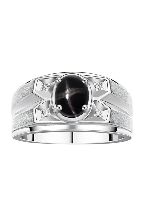 Men's Rings Sterling Silver Rings Classic Designer Style 8X6MM Gemstone & Diamond Ring Black Star Sapphire March Birthstone Rings For Men, Size 8