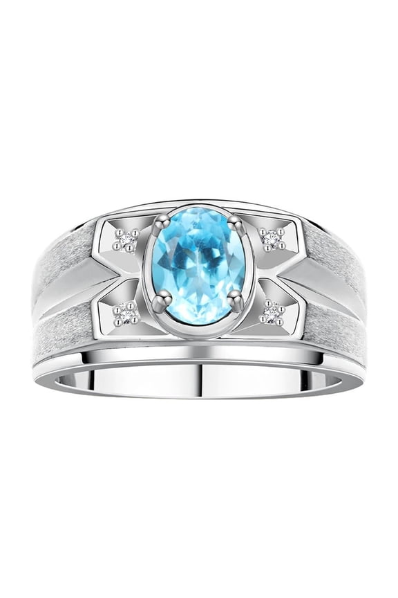 Men's Rings Sterling Silver Rings Classic Designer Style 8X6MM Oval Gemstone & Diamond Ring Blue Topaz December Birthstone Rings For Men, Size 12