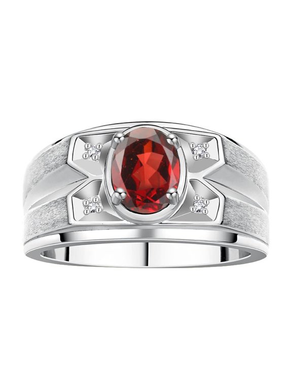 Men's Rings Sterling Silver Rings Classic Designer Style 8X6MM Oval Gemstone & Diamond Ring Garnet January Birthstone Rings For Men, Size 13
