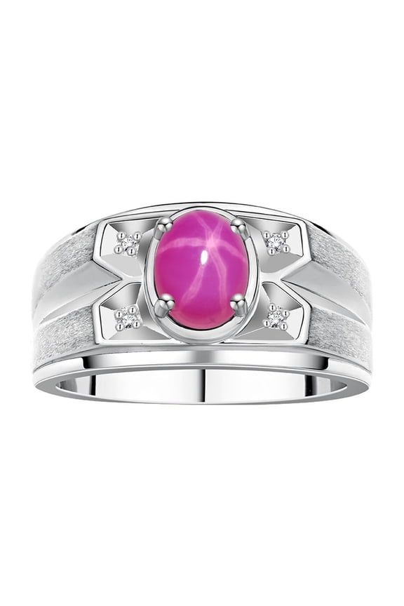 Men's Rings Sterling Silver Rings Classic Designer Style 8X6MM Oval Gemstone & Diamond Ring Star Ruby July Birthstone Rings For Men, Size 8