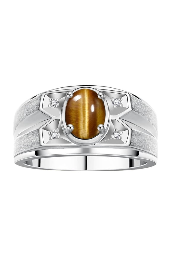Men's Rings Sterling Silver Rings Classic Designer Style 8X6MM Oval Gemstone & Diamond Ring Tiger Eye November Birthstone Rings For Men, Size 10