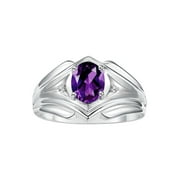 RYLOS Mens Rings Sterling Silver Rings Classic Designer Style 9X7MM Oval Gemstone & Diamond Ring Amethyst February Birthstone Rings For Men Size 8