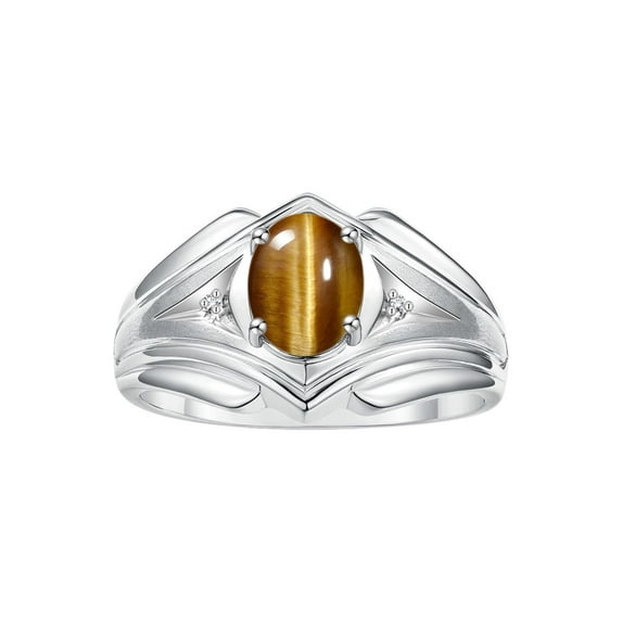 RYLOS Men's Rings Sterling Silver Rings Classic Designer Style 9X7MM Oval Gemstone & Diamond Ring Tiger Eye November Birthstone Rings For Men Size 12