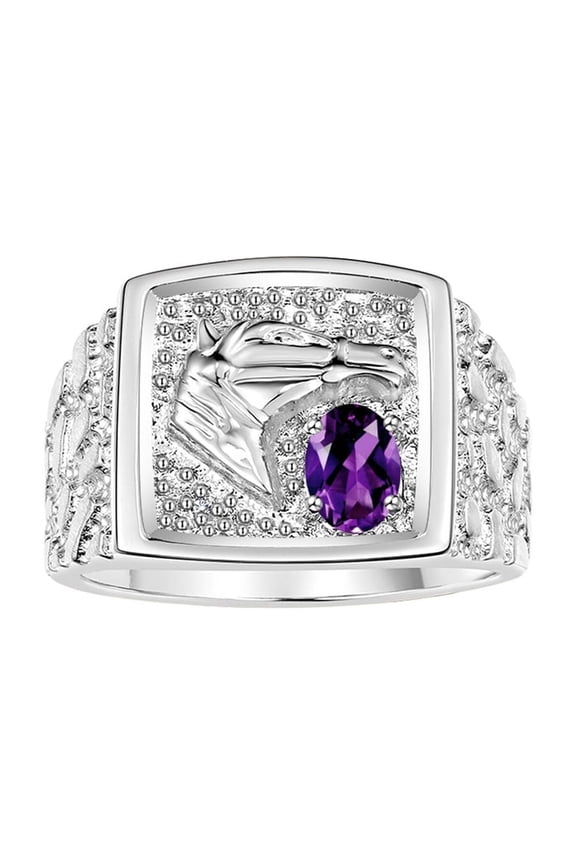Men's Rings Sterling Silver Rings Lucky Nugget Horse Head 6X4MM Oval Gemstone & Diamond Ring Amethyst February Birthstone Rings For Men Size 8
