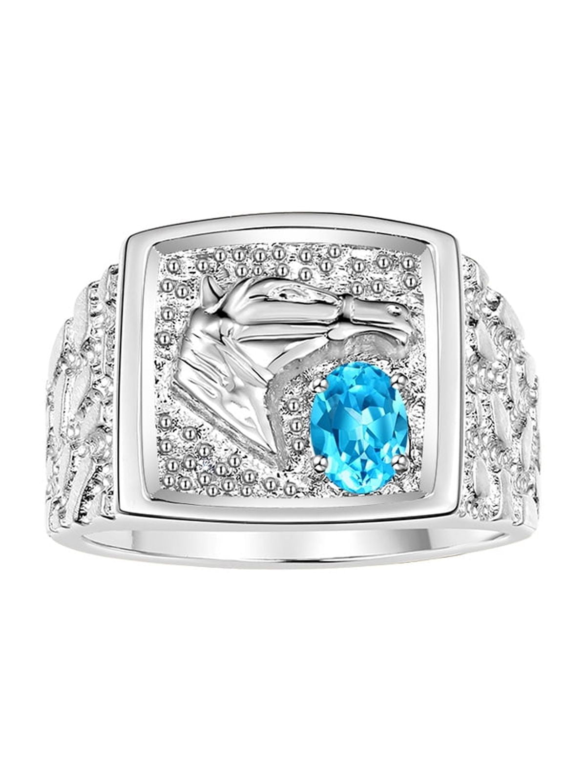 Men's Sterling Silver Nugget Ring With Birthstone - Horse Head Design & Genuine Diamond - Blue Topaz December Ring - View #5