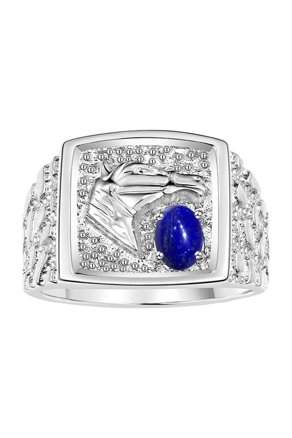 Men's Rings Sterling Silver Rings Lucky Nugget Horse Head 6X4MM Oval Gemstone & Diamond Ring Lapis September Birthstone Rings For Men Size 10