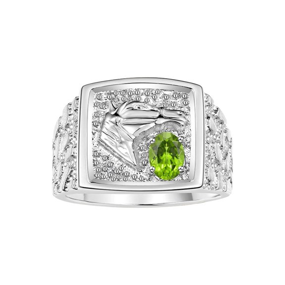 RYLOS Men's Rings Sterling Silver Rings Lucky Nugget Horse Head 6X4MM Oval Gemstone & Diamond Ring Peridot August Birthstone Rings For Men Size 8