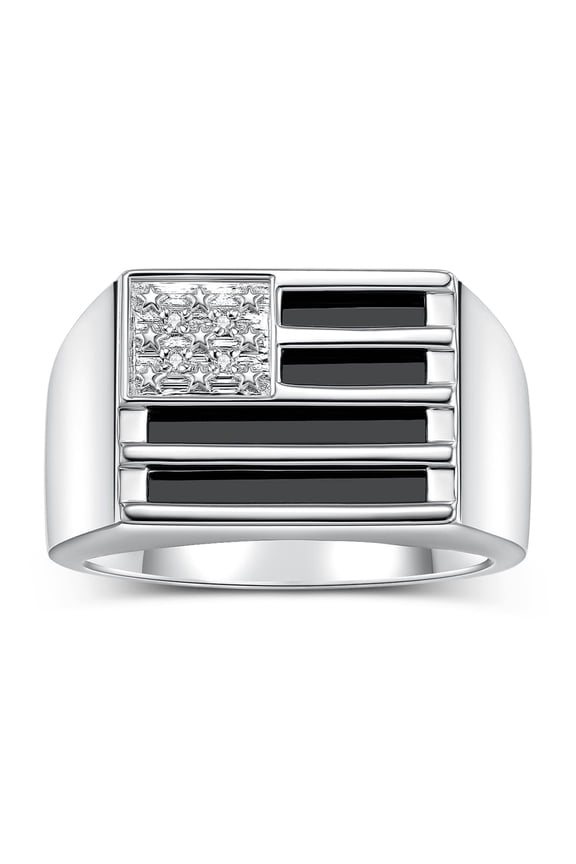 Men's Rings Sterling Silver USA Flag Designer Ring With Diamonds and Black Onyx Rings For Men Designer Patriotic Jewelry Size 10