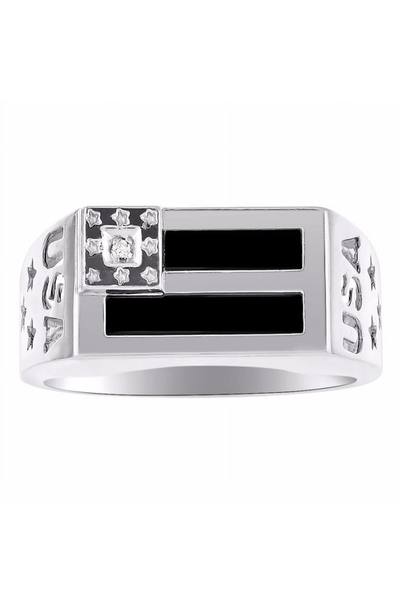 Men's Rings Sterling Silver USA Flag Designer Ring With Diamonds and Black Onyx Rings For Men Size 11