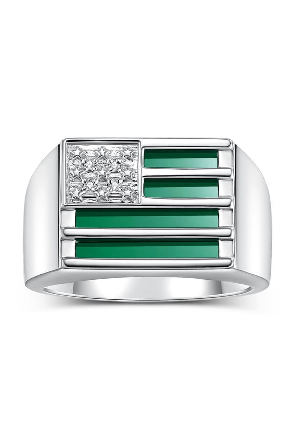 Men's Rings Sterling Silver USA Flag Designer Ring With Diamonds and Green Quartz Rings For Men Designer Patriotic Jewelry Size 11