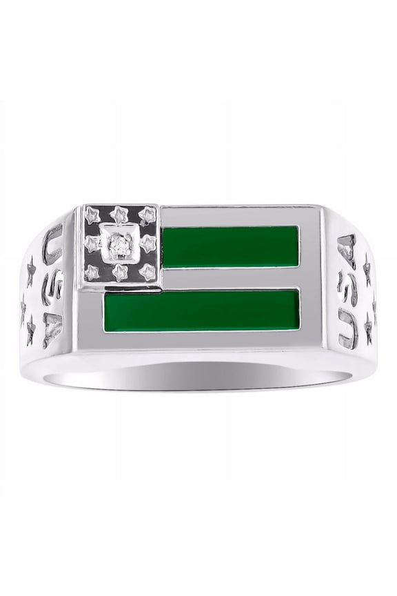 Men's Rings Sterling Silver USA Flag Designer Ring With Diamonds and Green Quartz Rings For Men Size 11