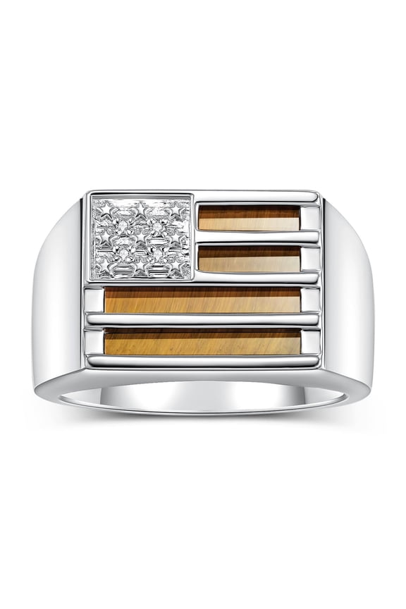 Men's Rings Sterling Silver USA Flag Designer Ring With Diamonds and Tiger Eye Rings For Men Designer Patriotic Jewelry Size 9