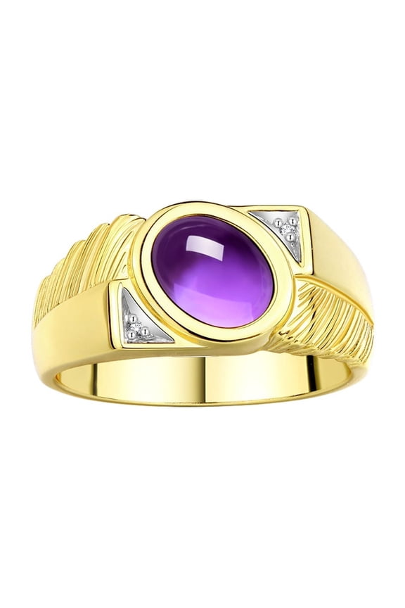 Men's Rings Yellow Gold Plated Silver Cabochone Gemstone & Diamond Designer Amethyst Rings For Men Size 9