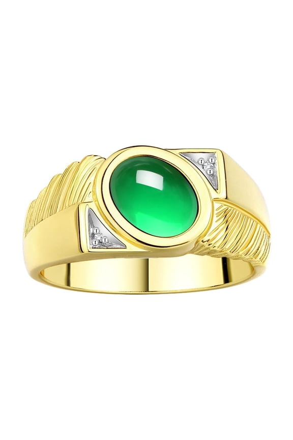 Men's Rings Yellow Gold Plated Silver Cabochone Gemstone & Diamond Designer Emerald Rings For Men Size 11