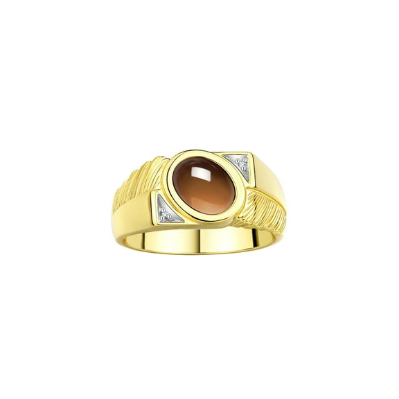 RYLOS Men's Rings Yellow Gold Plated Silver Cabochone Gemstone & Diamond Designer Smoky Quartz Rings For Men Size 8