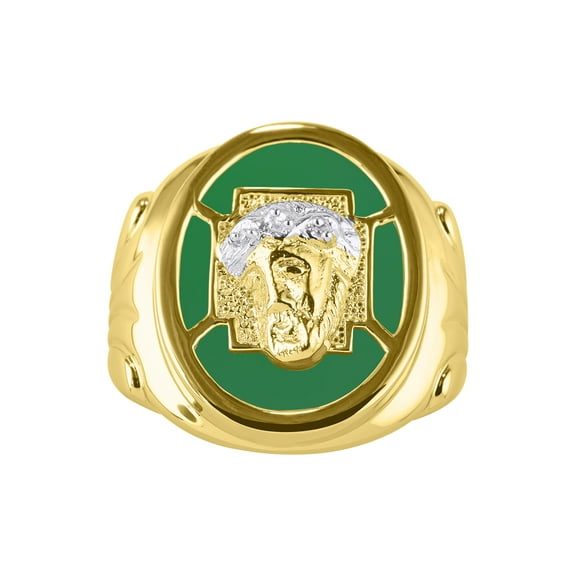 RYLOS Men's Rings Yellow Gold Plated Silver Christ Head Religious Ring With Diamonds and Green Quartz Green Quartz Designer Men's Jewelry Size 9