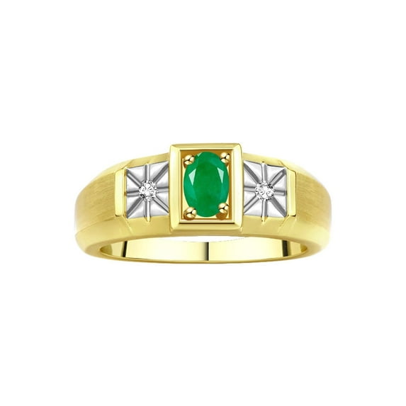 RYLOS Men's Rings Yellow Gold Plated Silver Classic 6X4MM Oval Gemstone & Diamond Ring Emerald May Birthstone Rings For Men, Silver Rings, Size 13