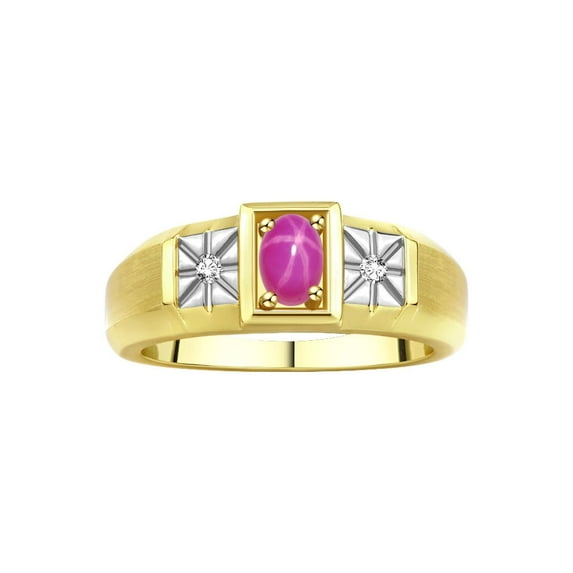 RYLOS Men's Rings Yellow Gold Plated Silver Classic 6X4MM Oval Gemstone & Diamond Ring Star Ruby July Birthstone Rings For Men, Silver Rings, Size 8