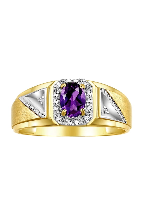 Men's Rings Yellow Gold Plated Silver Classic 7X5MM Oval Gemstone & Diamond Ring Amethyst February Birthstone Rings For Men Size 8