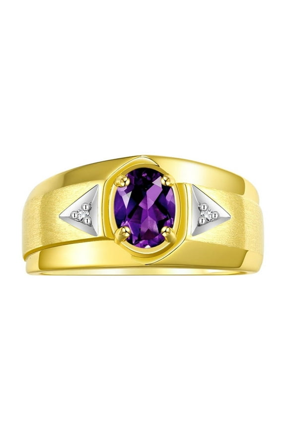 Men's Rings Yellow Gold Plated Silver Classic 7X5MM Oval Gemstone & Diamond Ring Amethyst February Birthstone Rings For Men, Men's Rings, Silver Rings, Size 13