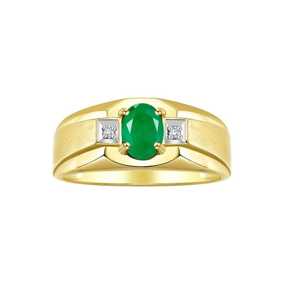 RYLOS Men's Rings Yellow Gold Plated Silver Classic 7X5MM Oval Gemstone & Diamond Ring Emerald May Birthstone Rings For Men, Silver Rings, Size 8