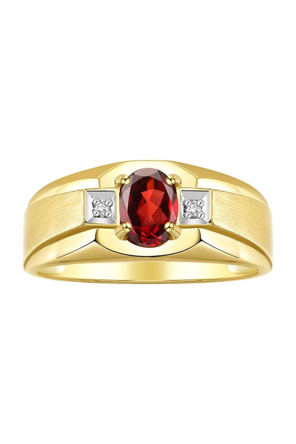 Men's Rings Yellow Gold Plated Silver Classic 7X5MM Oval Gemstone & Diamond Ring Garnet January Birthstone Rings For Men, Silver Rings, Size 9