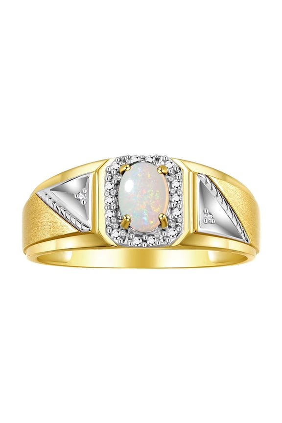 Men's Rings Yellow Gold Plated Silver Classic 7X5MM Oval Gemstone & Diamond Ring Opal October Birthstone Rings For Men Size 9