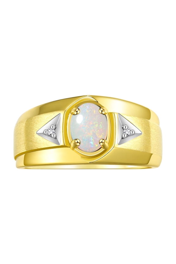 Men's Rings Yellow Gold Plated Silver Classic 7X5MM Oval Gemstone & Diamond Ring Opal October Birthstone Rings For Men, Men's Rings, Silver Rings, Size 10