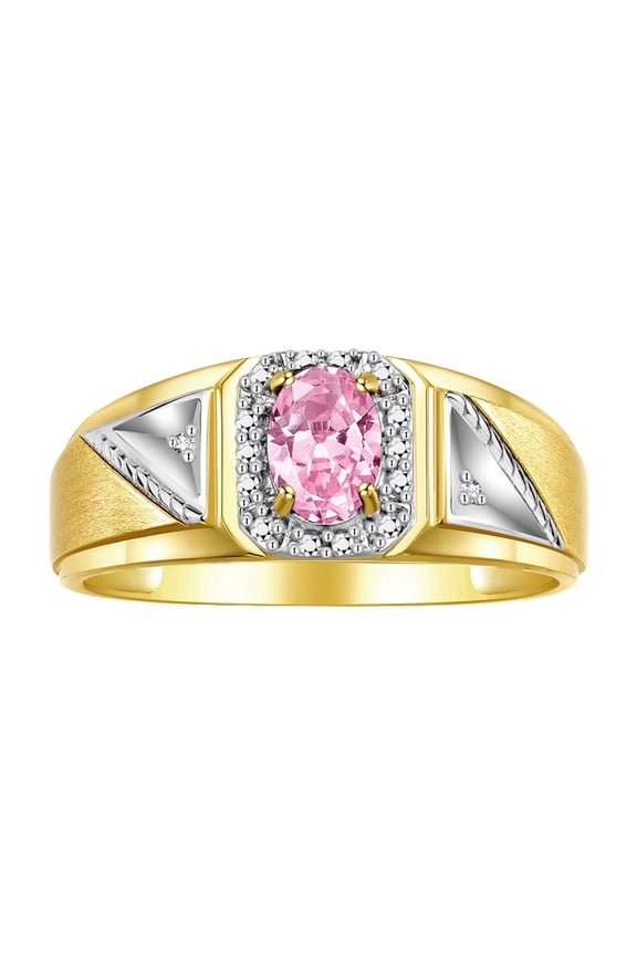 Men's Rings Yellow Gold Plated Silver Classic 7X5MM Oval Gemstone & Diamond Ring Pink Ice October Birthstone Rings For Men Size 8