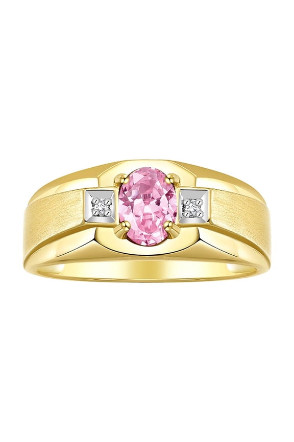 Men's Rings Yellow Gold Plated Silver Classic 7X5MM Oval Gemstone & Diamond Ring Pink Ice October Birthstone Rings For Men, Silver Rings, Size 10