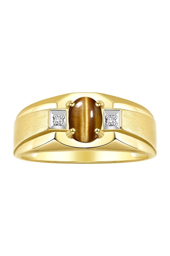 Men's Rings Yellow Gold Plated Silver Classic 7X5MM Oval Gemstone & Diamond Ring Tiger Eye November Birthstone Rings For Men, Silver Rings, Size 10