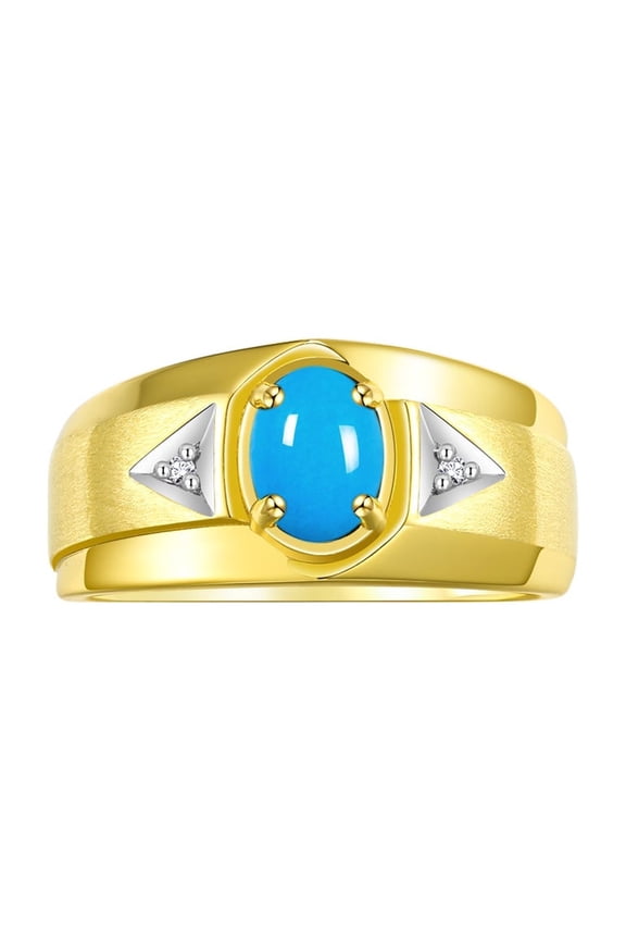 Men's Rings Yellow Gold Plated Silver Classic 7X5MM Oval Gemstone & Diamond Ring Turquoise December Birthstone Rings For Men, Men's Rings, Silver Rings, Size 8