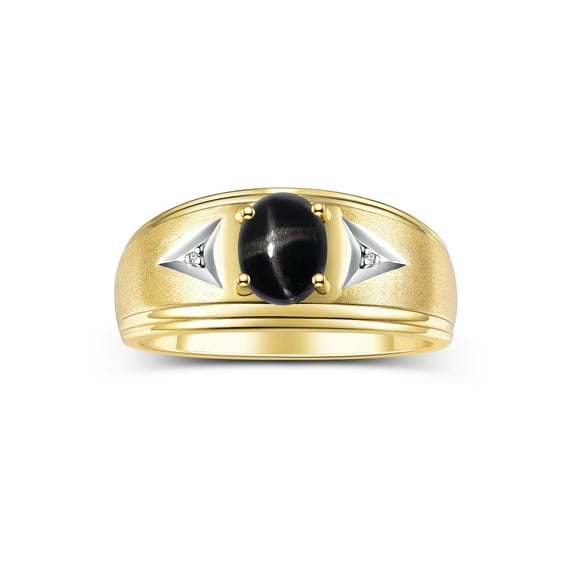 RYLOS Men's Rings Yellow Gold Plated Silver Classic 8X6MM Oval Gemstone & Diamond Ring Black Star Sapphire Birthstone Rings For Man Silver Rings Size 10