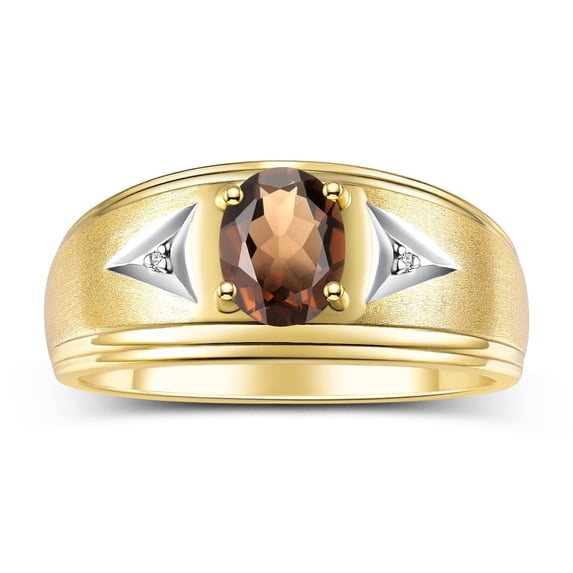 RYLOS Men's Rings 14K Yellow Gold Classic 8X6MM Oval Gemstone & Diamond Ring Smoky Quartz June Birthstone Rings For Man Gold Rings Size 9