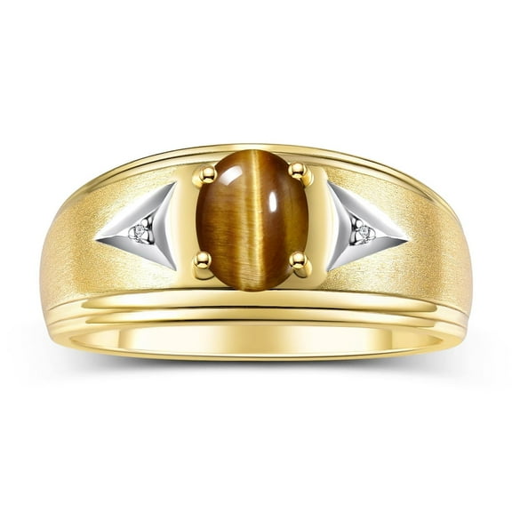 RYLOS Men's Rings Yellow Gold Plated Silver Classic 8X6MM Oval Gemstone &  Diamond Ring Tiger Eye November Birthstone Rings For Man Silver Rings Size 13