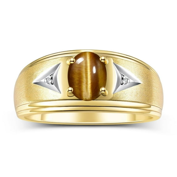 RYLOS Men's Rings Yellow Gold Plated Silver Classic 8X6MM Oval Gemstone & Diamond Ring Tiger Eye November Birthstone Rings For Man Silver Rings Size 8