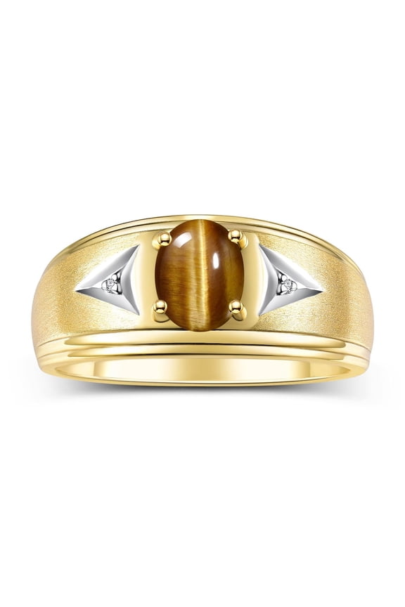 Men's Rings Yellow Gold Plated Silver Classic 8X6MM Oval Gemstone & Diamond Ring Tiger Eye November Birthstone Rings For Man Silver Rings Size 8