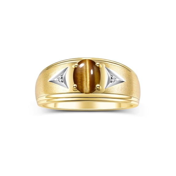 RYLOS Men's Rings Yellow Gold Plated Silver Classic 8X6MM Oval Gemstone & Diamond Ring Tiger Eye November Birthstone Rings For Man Silver Rings Size 9