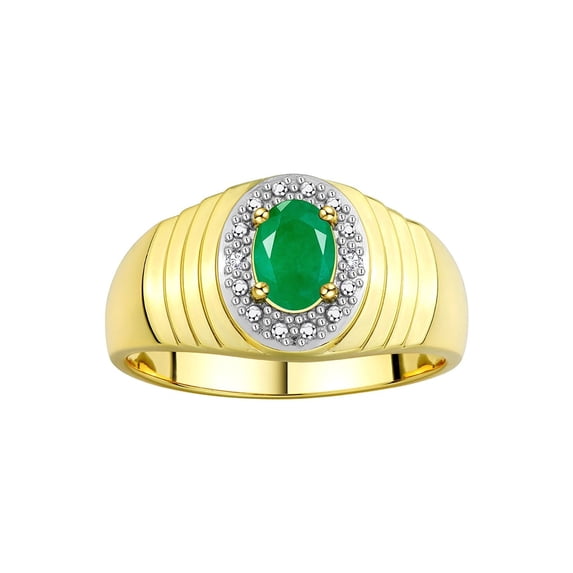 RYLOS Men's Rings Yellow Gold Plated Silver Classic Halo Of Diamonds 7X5MM Oval Gemstone Ring Emerald May Birthstone Rings For Men Size 10