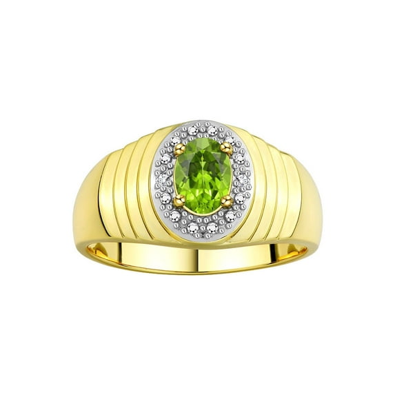 RYLOS Men's Rings Yellow Gold Plated Silver Classic Halo Of Diamonds 7X5MM Oval Gemstone Ring Peridot August Birthstone Rings For Men Size 11