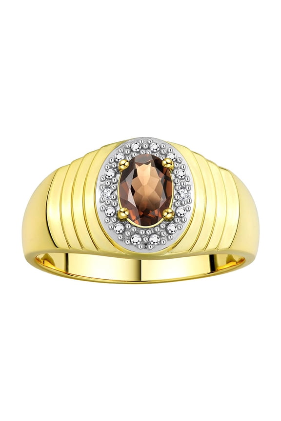 Men's Rings Yellow Gold Plated Silver Classic Halo Of  Diamonds 7X5MM Oval Gemstone Ring Smoky Quartz June Birthstone Rings For Men Size 8