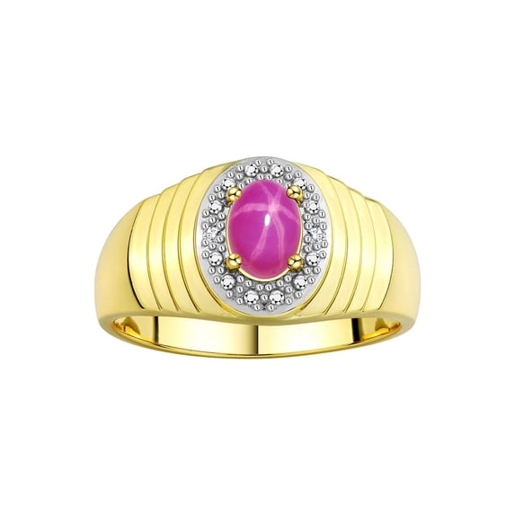 RYLOS Men's Rings Yellow Gold Plated Silver Classic Halo Of Diamonds 7X5MM Oval Gemstone Ring Star Ruby July Birthstone Rings For Men Size 8