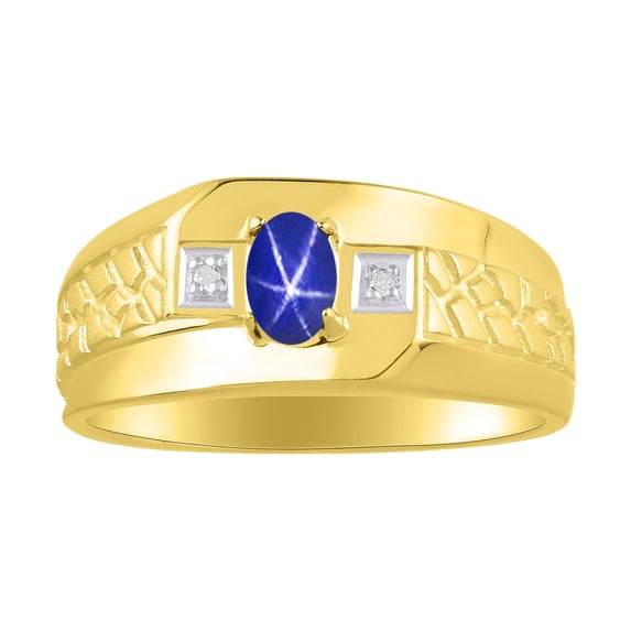 RYLOS Men's Rings Yellow Gold Plated Silver Classic Nugget 6X4MM Gemstone & Diamond Ring Blue Star Sapphire September Birthstone Ring Size 10