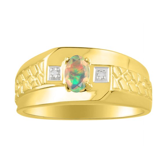 RYLOS Men's Rings Yellow Gold Plated Silver Classic Nugget 6X4MM Oval Gemstone & Diamond Ring Opal African October Birthstone Ring Size 8